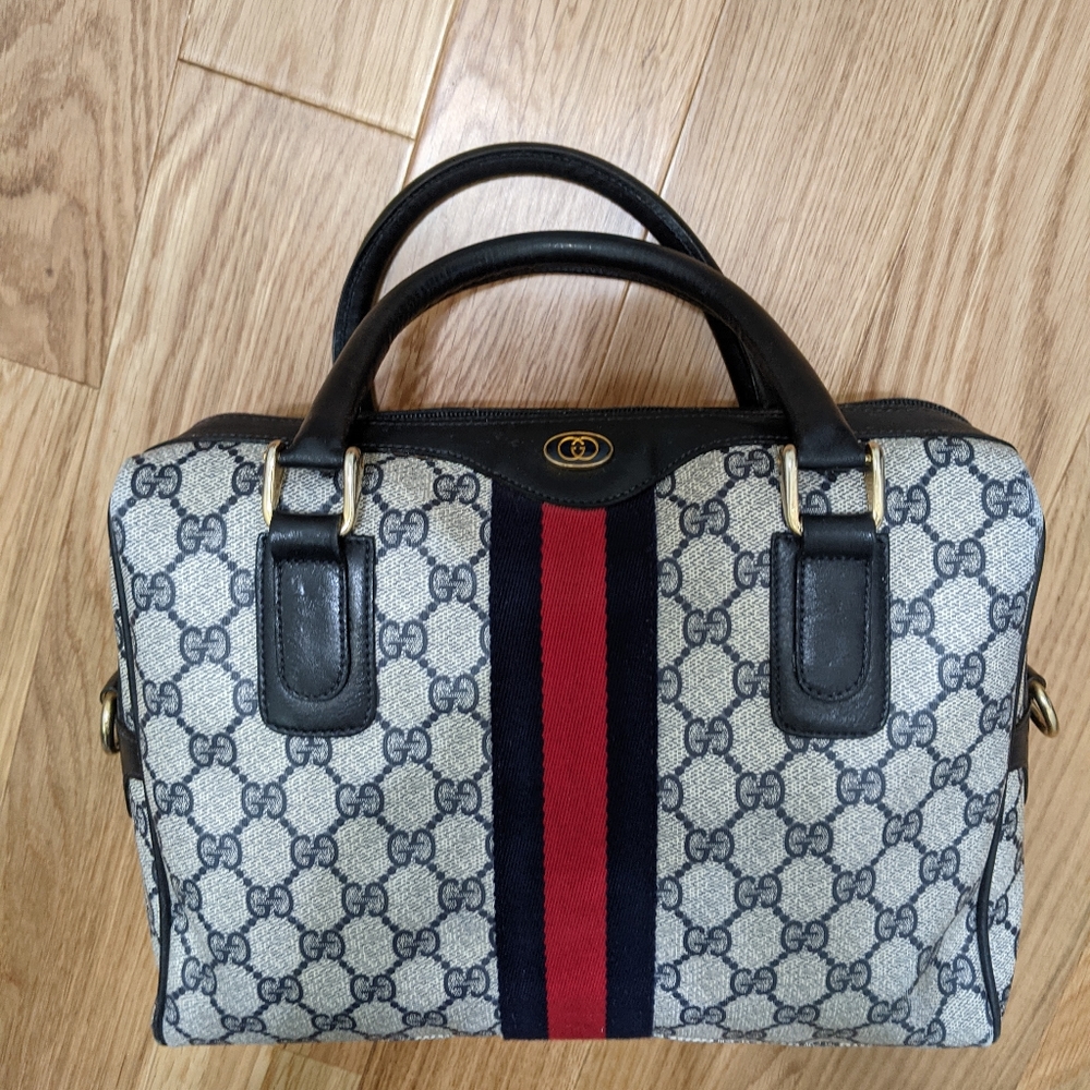 Authentic Vintage Gucci Bag Navy "GG" Monogram Boston Bag